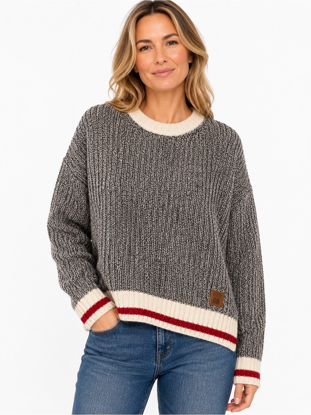 Roots Cabin Women’s Marled Knit Crewneck Sweater M Grey Cream Red